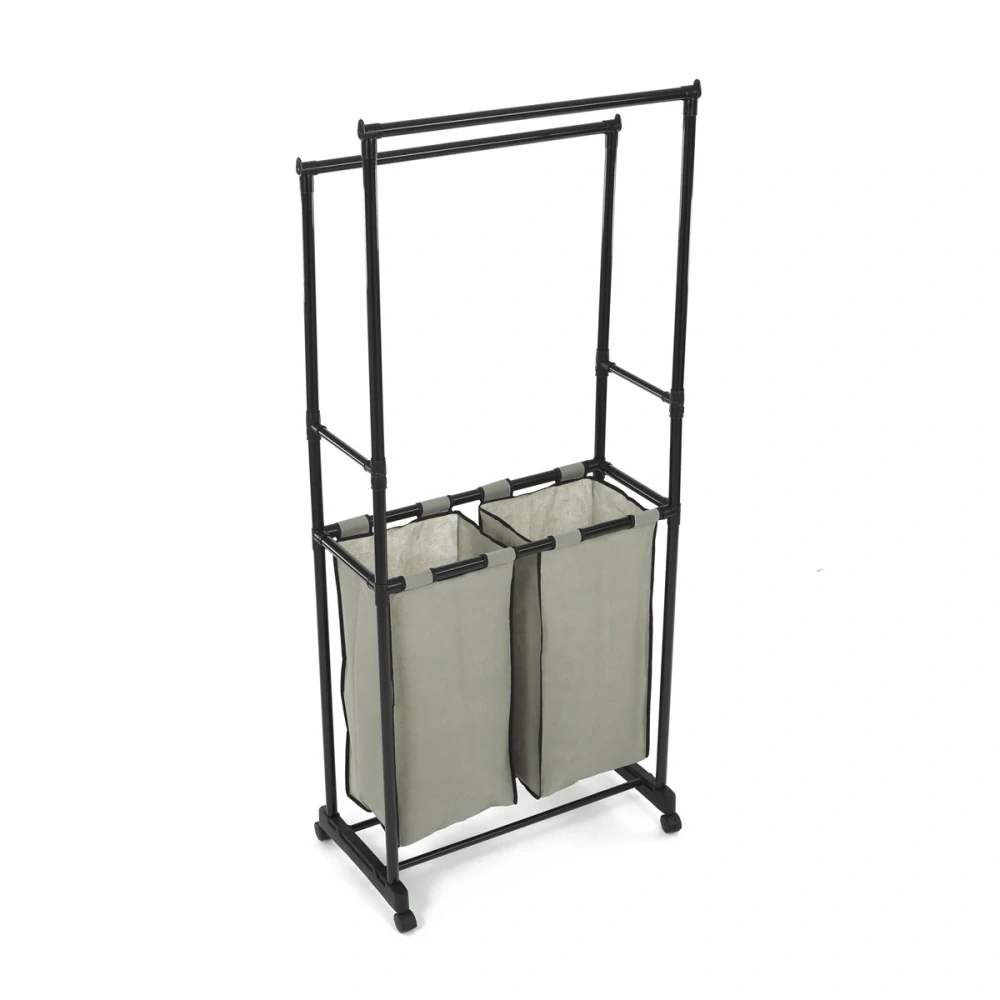 Věšák dvouramenný s košem na prádlo, černý plast.