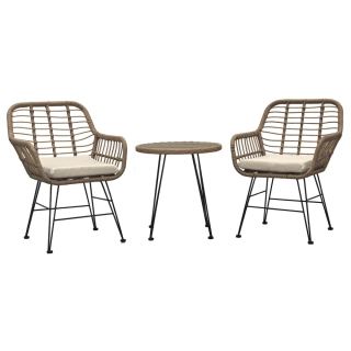 Zahradní set stůl + 2 židle, kov, umělý ratan, látka béžová, deska stolku polywood