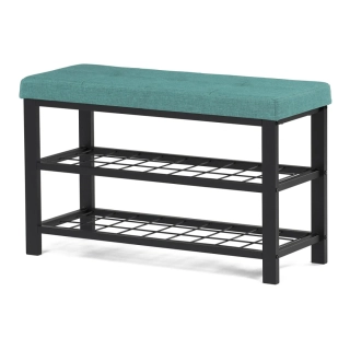 Botník 2 police, potah zelená látka, kov - černý matný lak